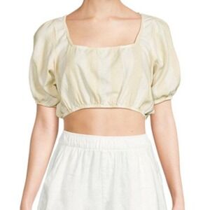 WeWoreWhat Crop Top Medium Beige New Striped Puff Sleeve Square Neck